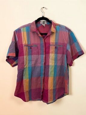 Vintage American Line Madras Plaid Button Up Shirt Size 20W 100% Cotton 80s/90s